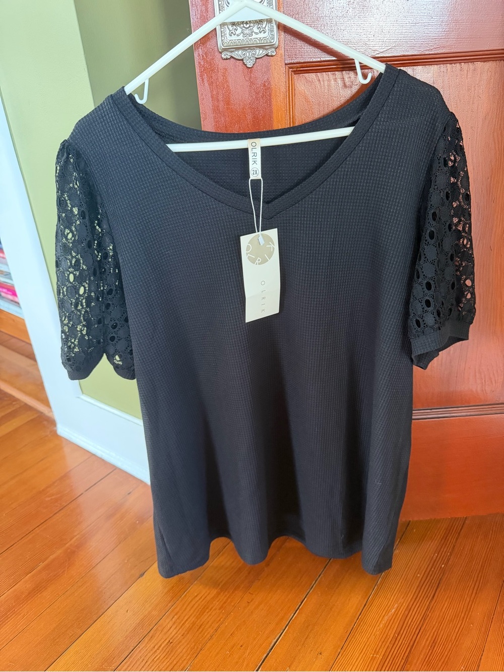 Black Short-Sleeve Tee with Lace Eyelet Sleeves